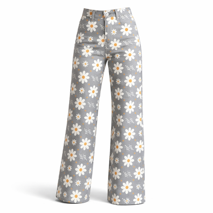 Retro 70s Daisy High Waist Wide Flared Trousers