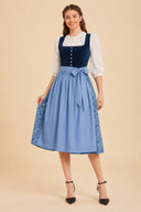 Women’s Oktoberfest Navy & Sky Blue Midi Dirndl Dress with Apron