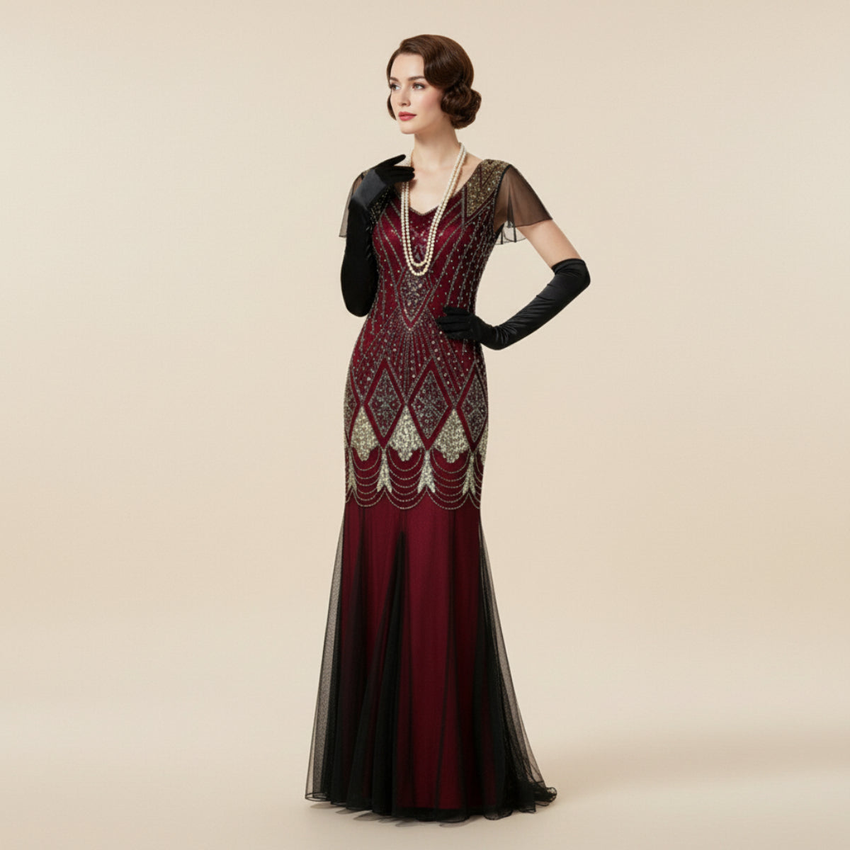 1920s Sequin Mermaid Gown with Accessory Set