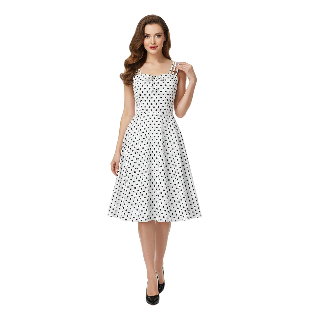 Women's 1950s Polka Dot Spaghetti Strap Bow A-Line Rockabilly Dress