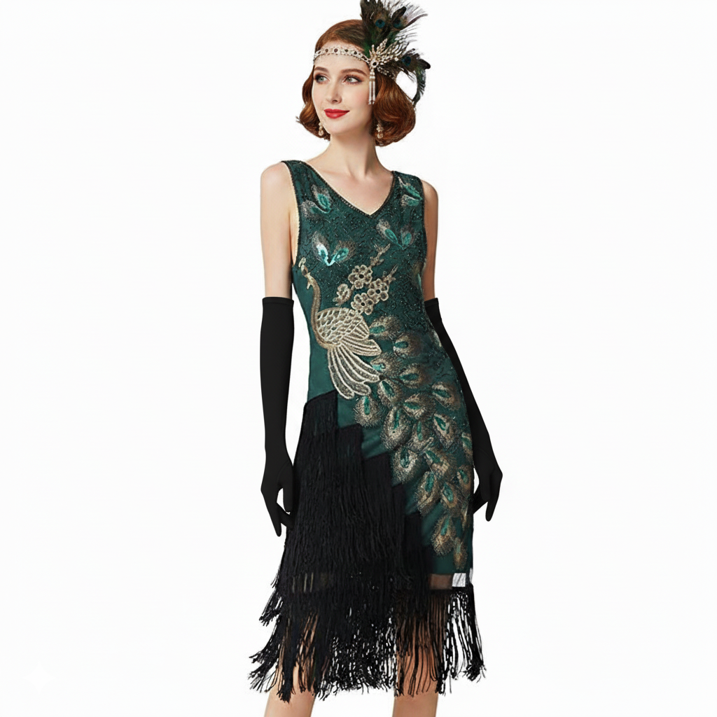 Green Tassel Peacock Flapper Dress with ACCs