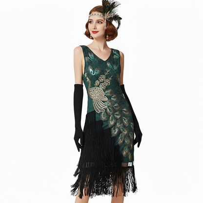 Green Tassel Peacock Flapper Dress with ACCs