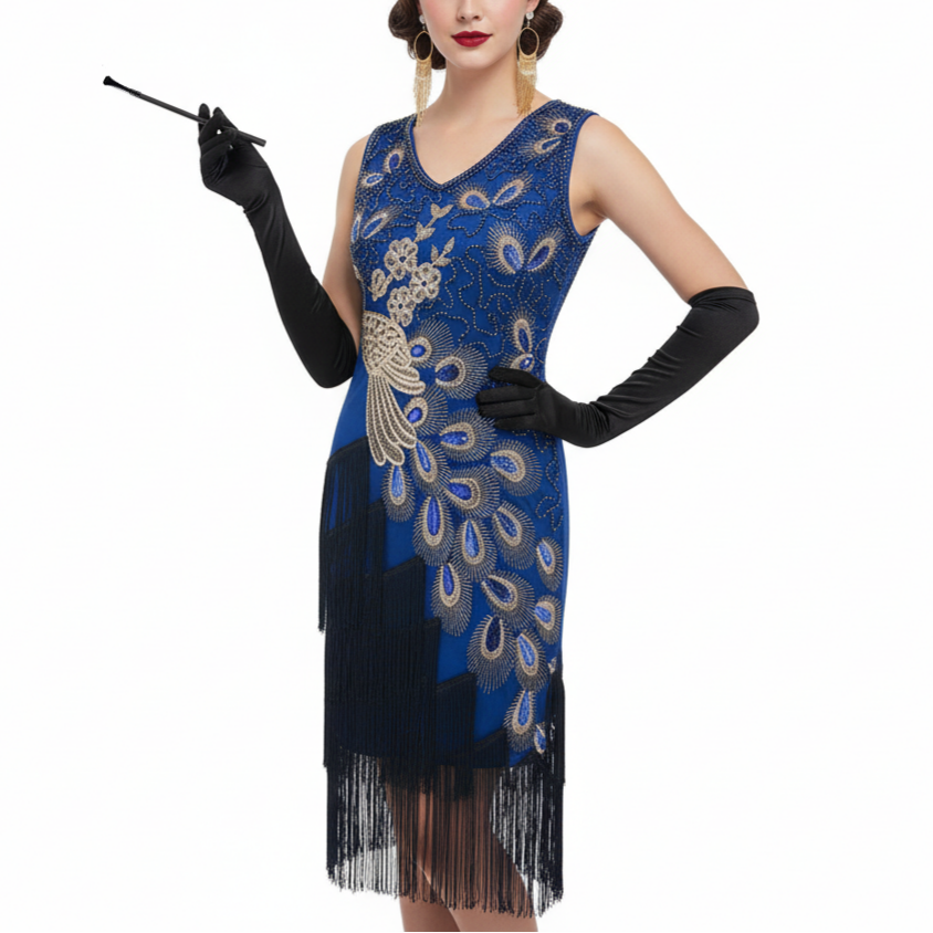 Irregular Tassel Peacock Flapper Dress with ACCs