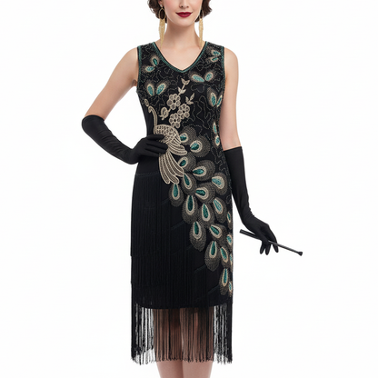 Irregular Tassel Peacock Flapper Dress with ACCs