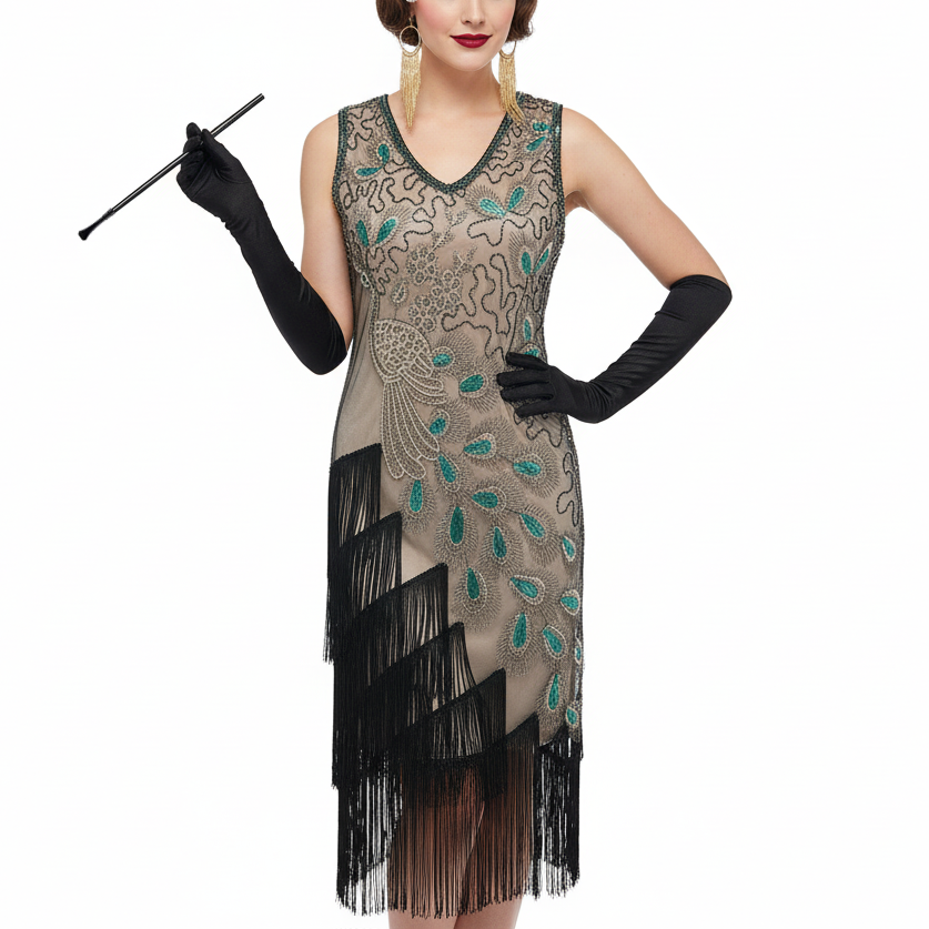 Irregular Tassel Peacock Flapper Dress with ACCs