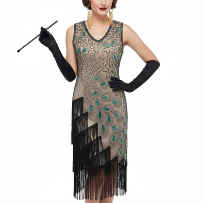 Irregular Tassel Peacock Flapper Dress with ACCs