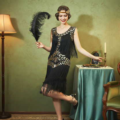 Leaf Sequin Tassels Flapper Dress