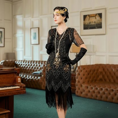 Art Deco V-Neck Flapper Dress with Accessories Set