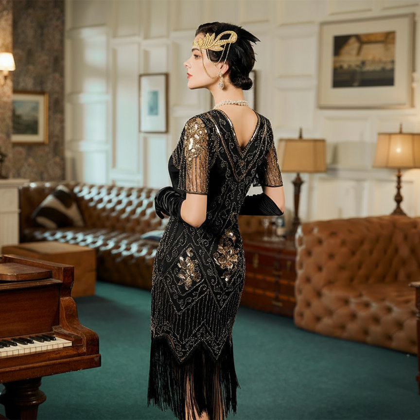 Art Deco V-Neck Flapper Dress with Accessories Set