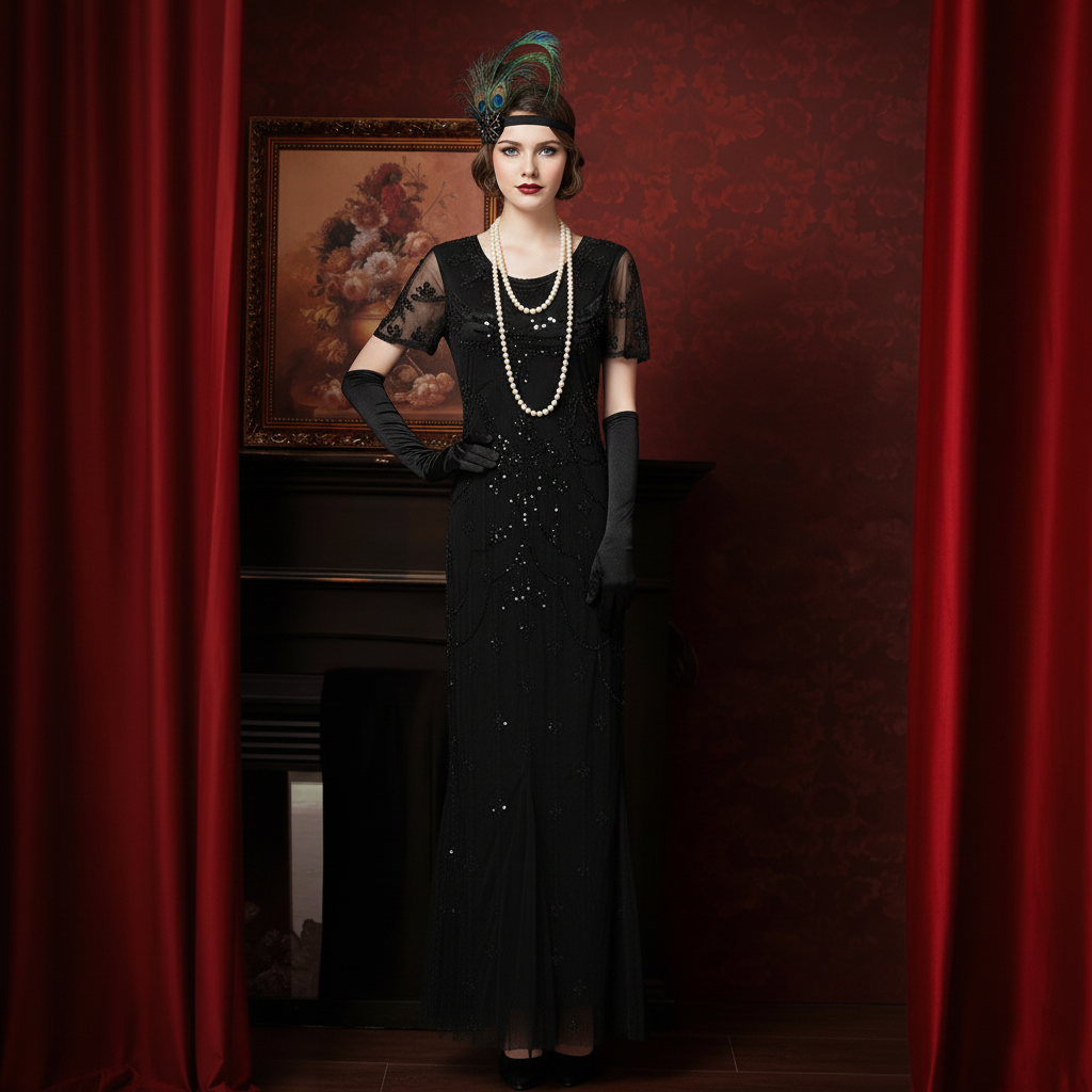 Art Deco Glamour Evening Gown with Accessories Set