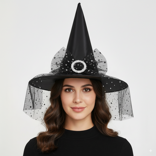 Black Witch Hat Pointed Sparkle Mesh Buckle