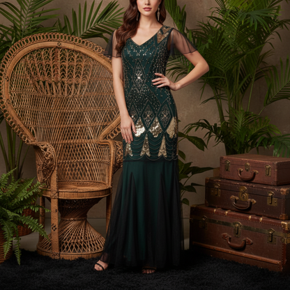 Green Art Deco Beaded Mermaid Gown