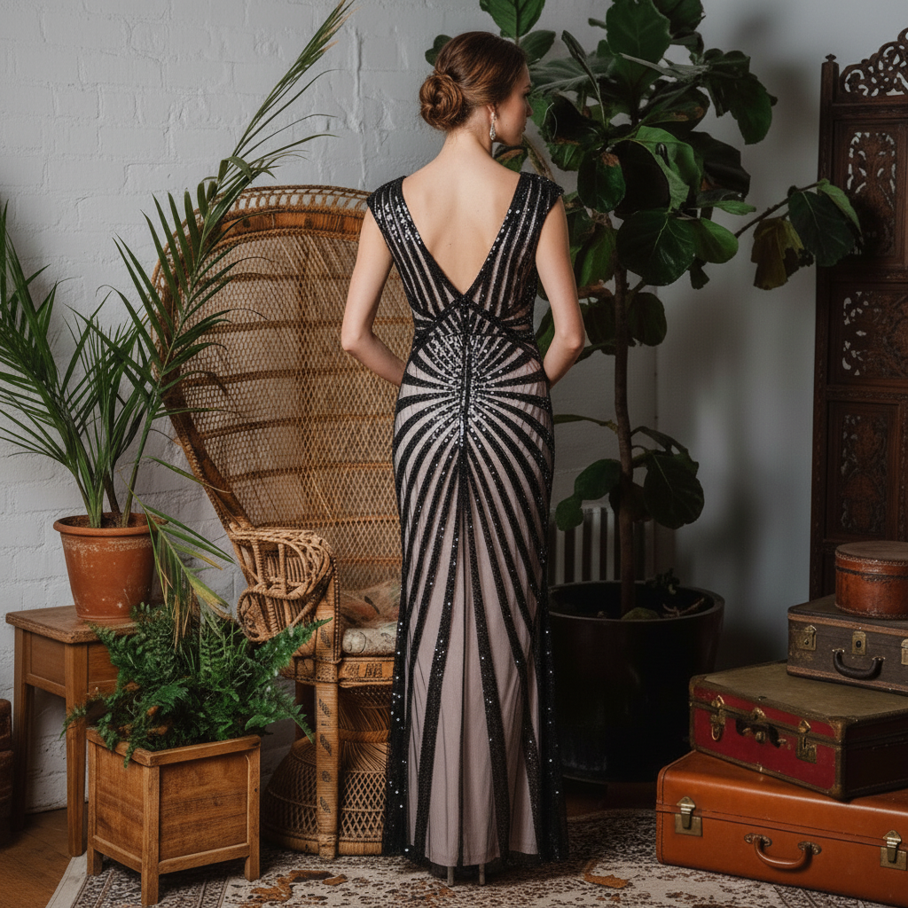 1920s Sequined Silver Evening Gown - Glamorous Vintage Elegance retrorobe 1920s Sequined Silver Evening Gown - Glamorous Vintage Elegance retrorobe