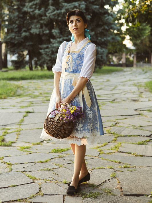 Oktoberfest Costume Blue Dirndl Dress with Blouse and Lace Apron