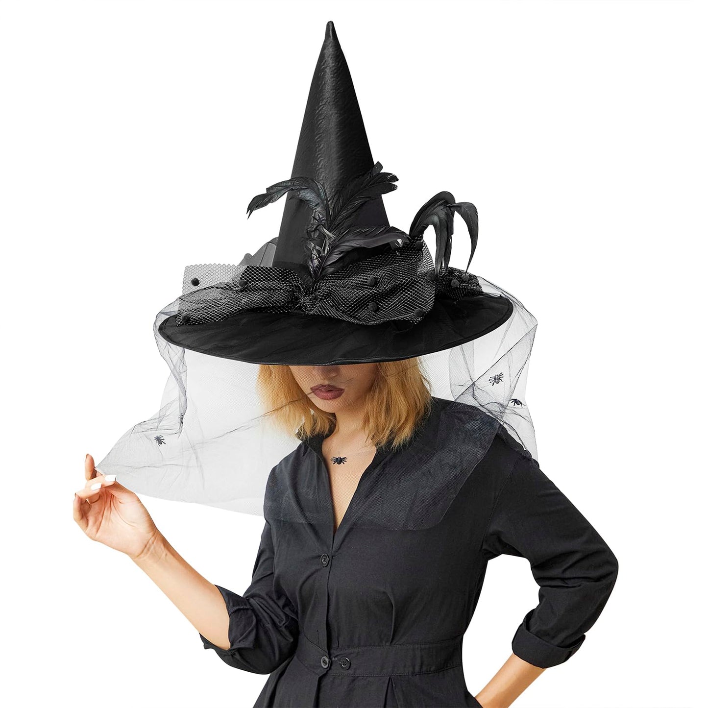 Black Witch Hat with Feathers Mesh Ruffle