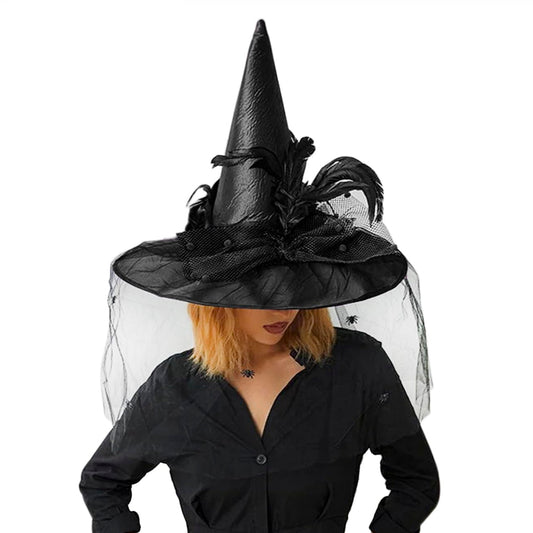 Black Witch Hat with Feathers Mesh Ruffle