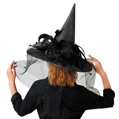 Black Witch Hat with Feathers Mesh Ruffle