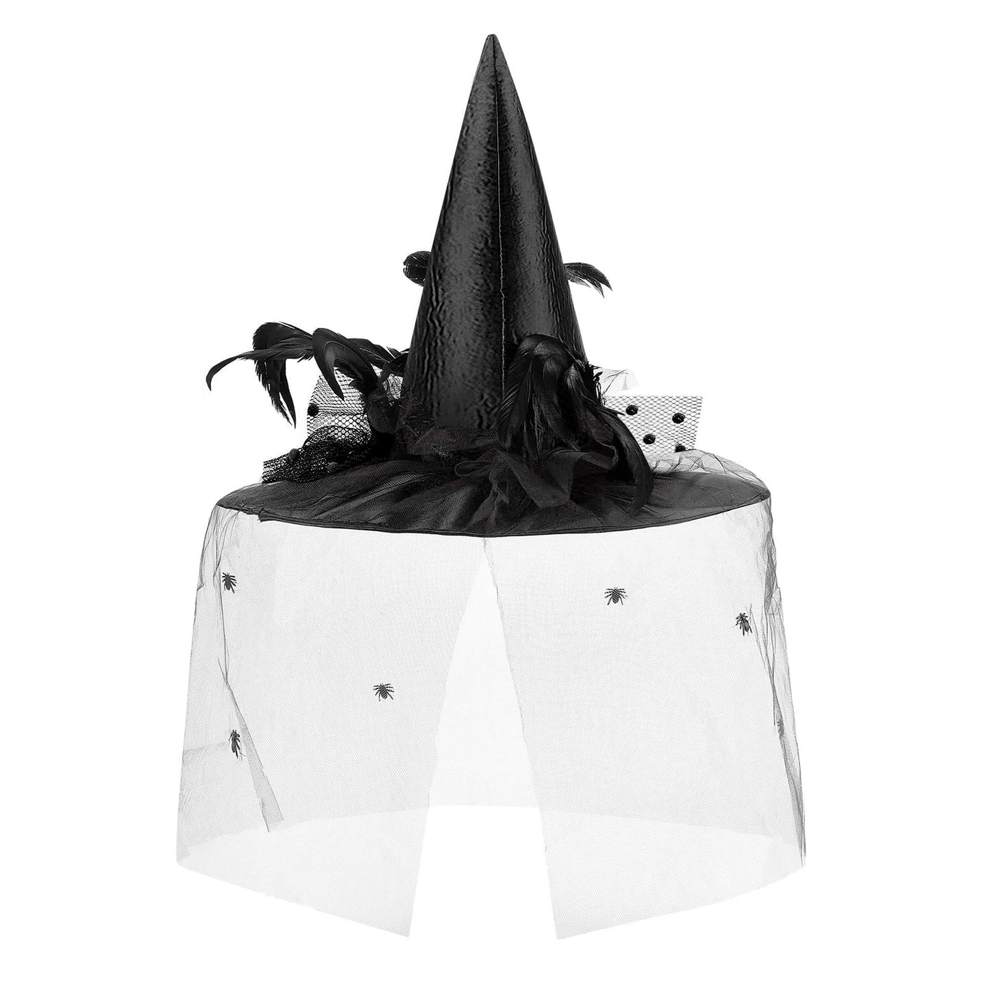Black Witch Hat with Feathers Mesh Ruffle