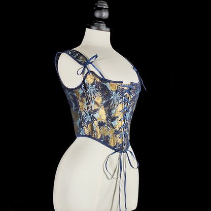 Renaissance Style Blue Pattern Corset Vest Bustier