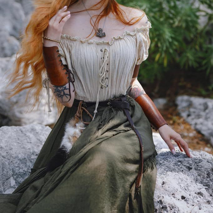 Medieval Fantasy Rustic Style Blouse Half Sleeve Lace-Up