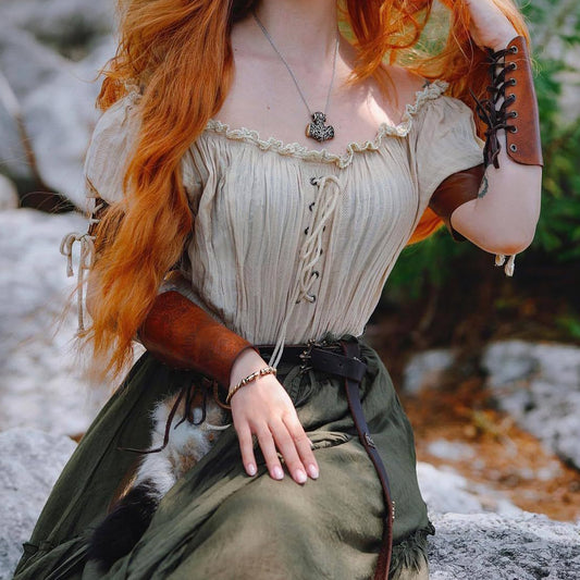 Medieval Fantasy Rustic Style Blouse Half Sleeve Lace-Up