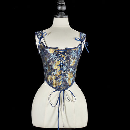 Renaissance Style Blue Pattern Corset Vest Bustier