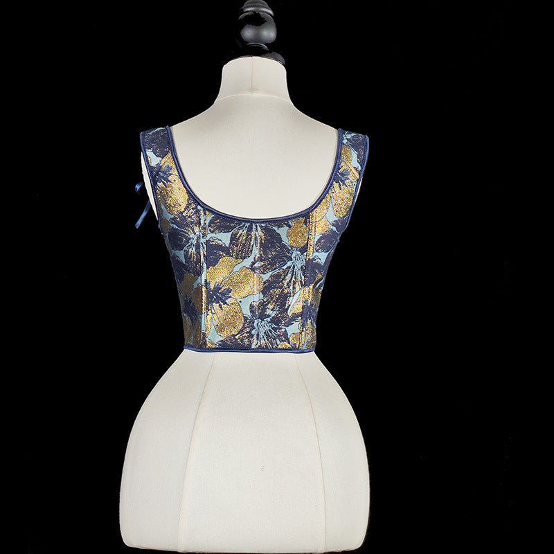 Renaissance Style Blue Pattern Corset Vest Bustier