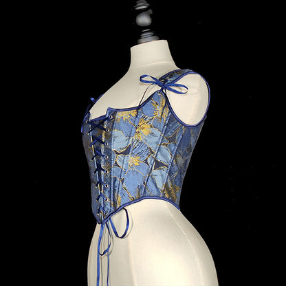 Renaissance Style Blue Pattern Corset Vest Bustier