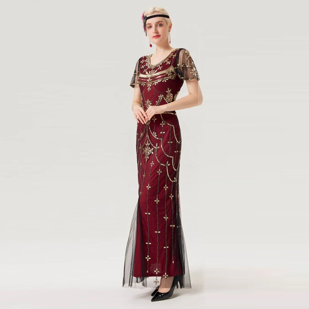 Art Deco Sequin Flapper Dress with Accessories Set
