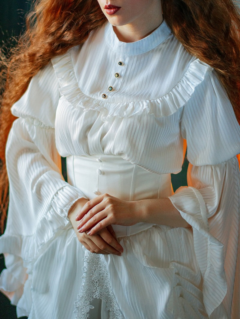 white victorian corset dress Victorian-Inspired White Lace Corset Dress with Bell Sleeves Layered Ruffle High-Low Bridal Gown Plus Size Size 16W / White