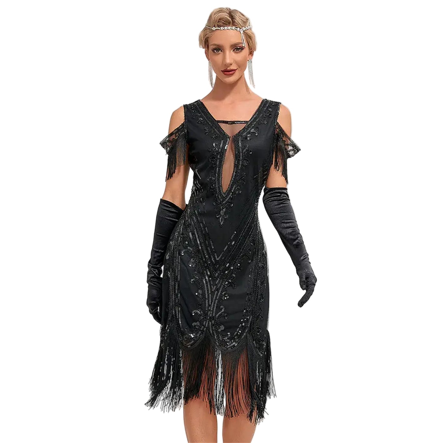 Plunging V-Neck Beaded Flapper Dress