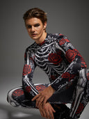 Leotard da uomo di Halloween con stampa di scheletro e rosa rossa