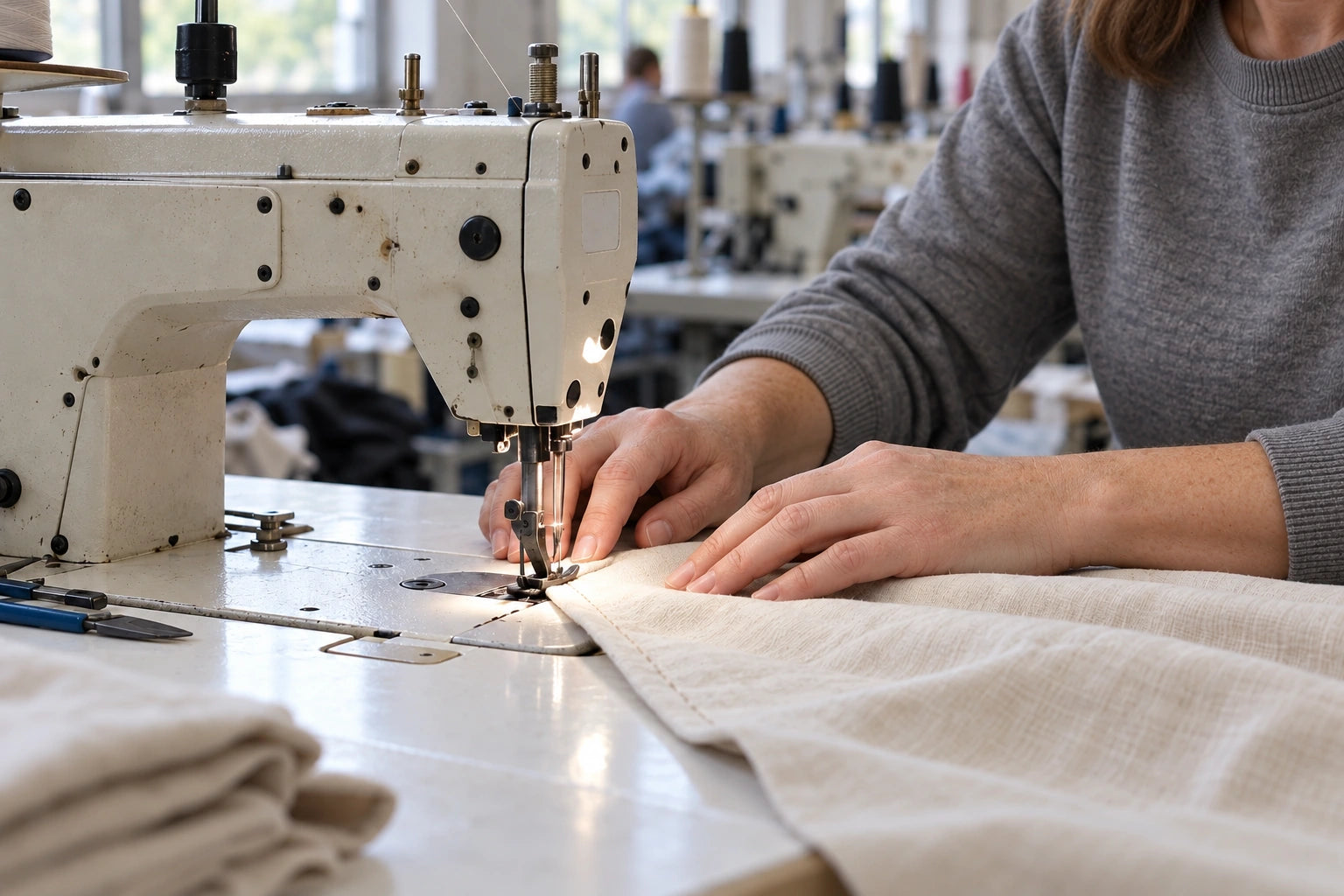 Illustration of hands guiding cream fabric through a sewing machine