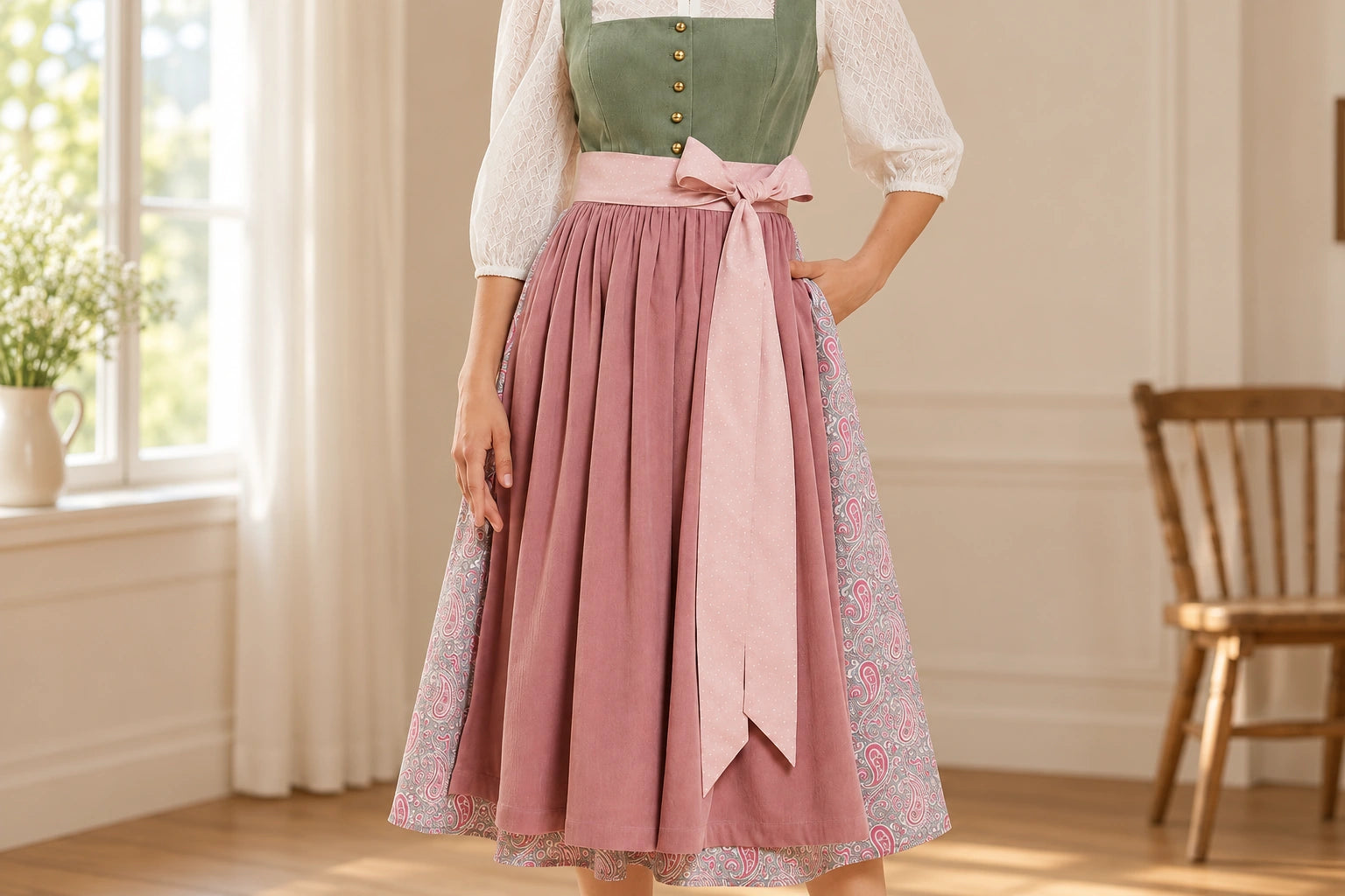 Close view of the lace blouse, green bodice and pink apron of a RetroRobe dirndl