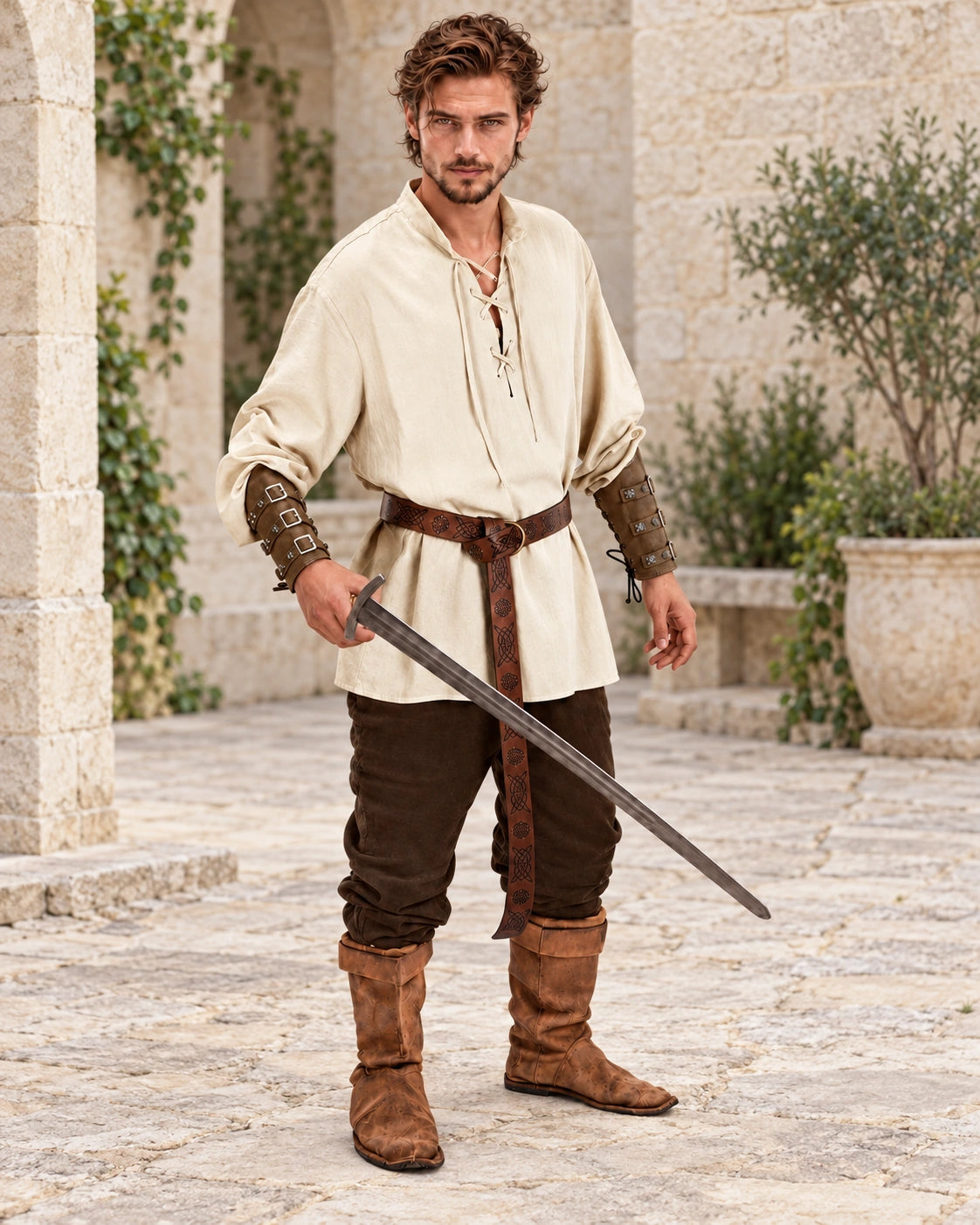 Model wearing a cream and brown medieval outfit with a sword styling prop