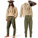 Men's Black Pirate Costume Set with Cream Ruffled Shirt