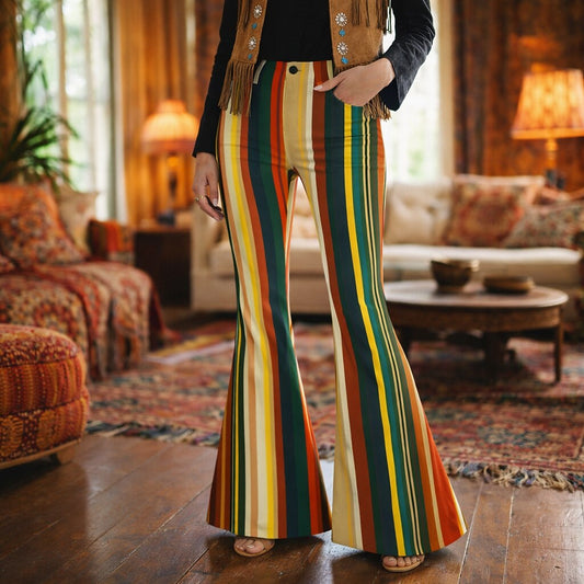 Retro 70s Vertical Stripe High Waist Wide Flared Trousers