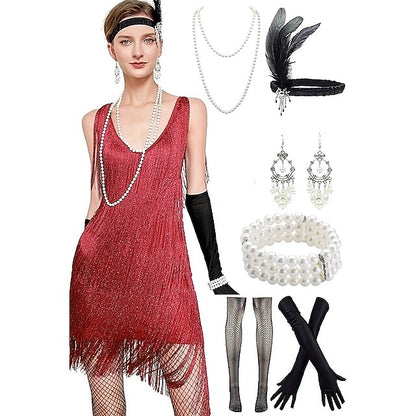 Sequin Fringe Charleston Dress with Accessories Set