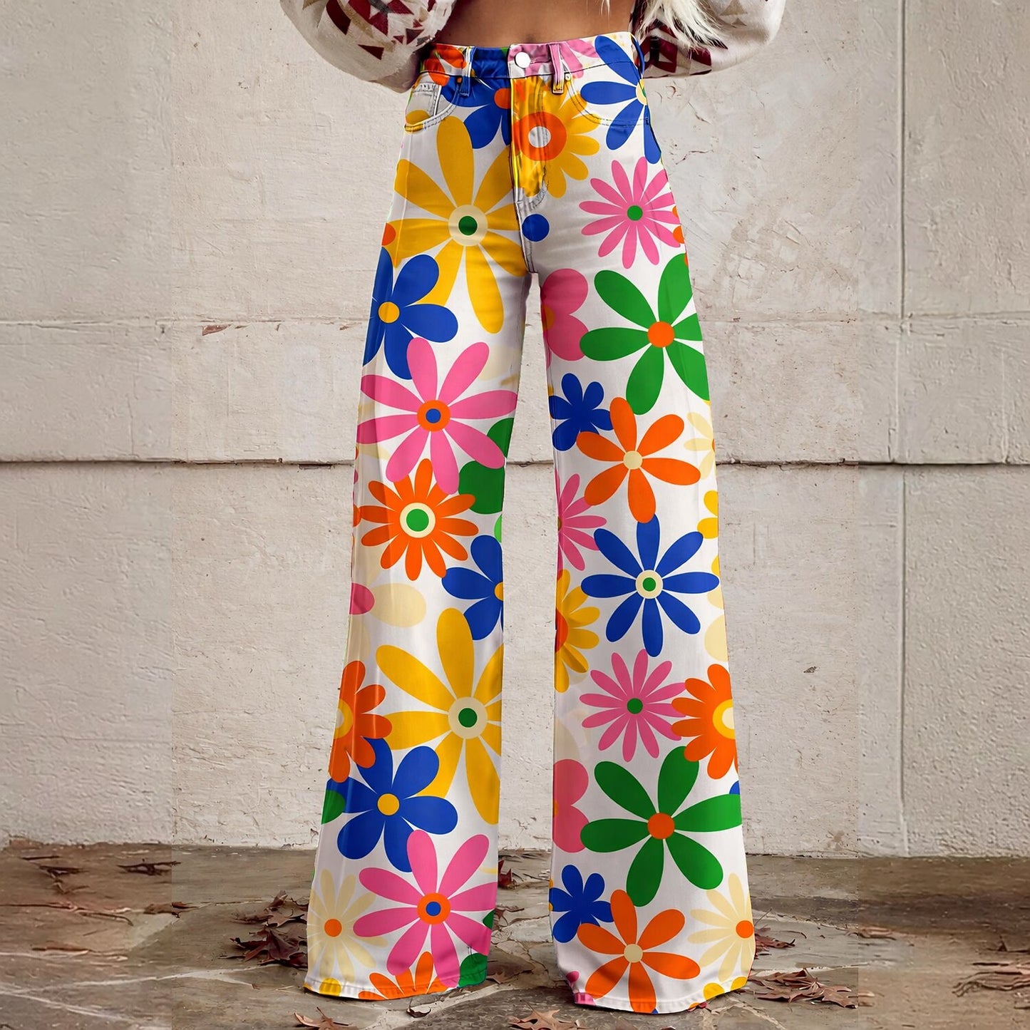 Retro 70s Psychedelic Floral Daisy High Waist Wide Flared Trousers