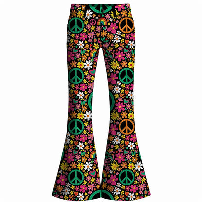 Retro 70s Peace Sign Floral Rainbow High Waist Wide Flared Trousers