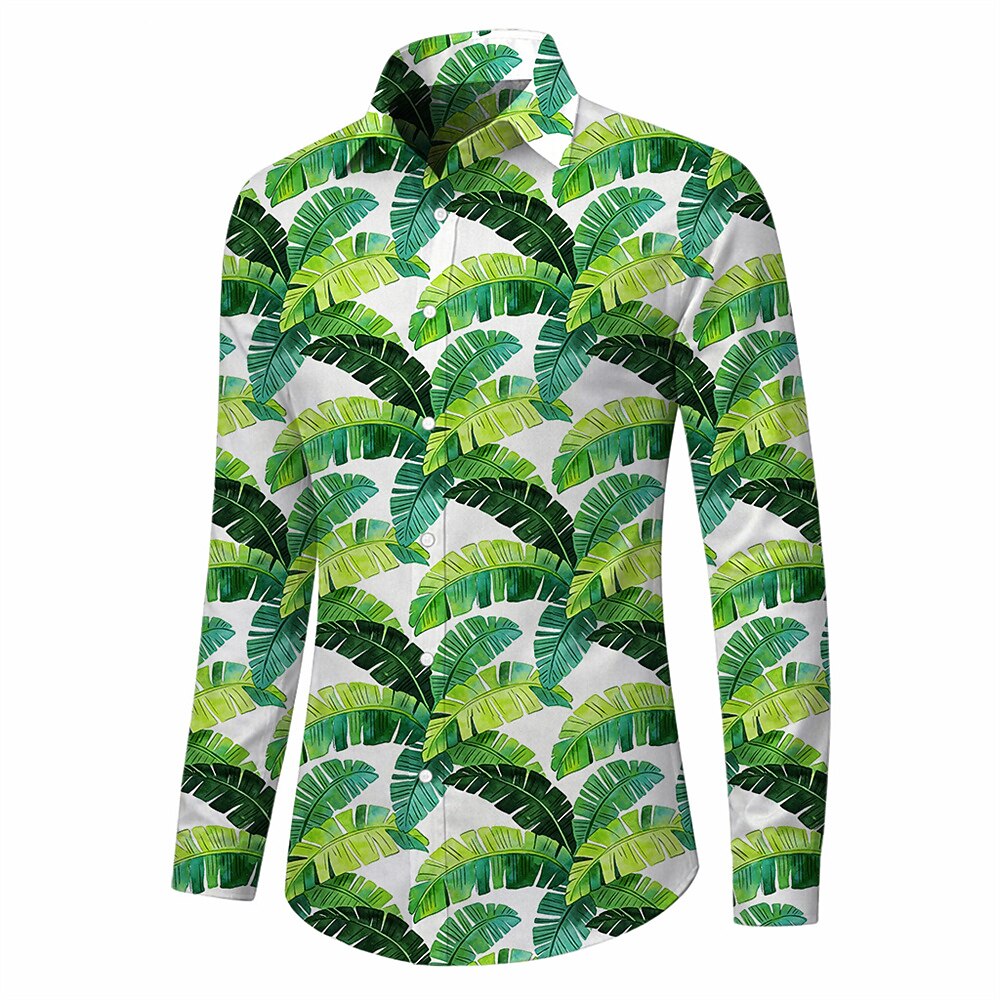 Retro 70S Tropical Banana Leaf Pattern Long Sleeves Collar Shirt