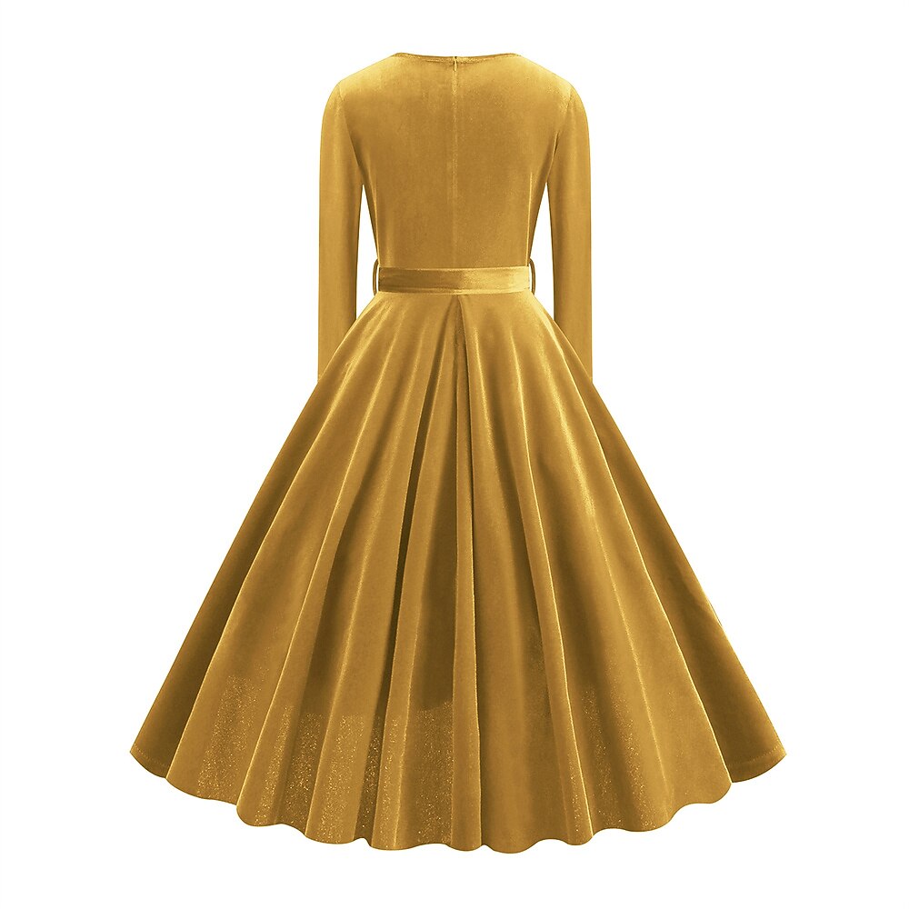 Women's 1950s Velvet V-Neck Long Sleeve Swing Dress