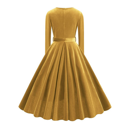 Women's 1950s Velvet V-Neck Long Sleeve Swing Dress