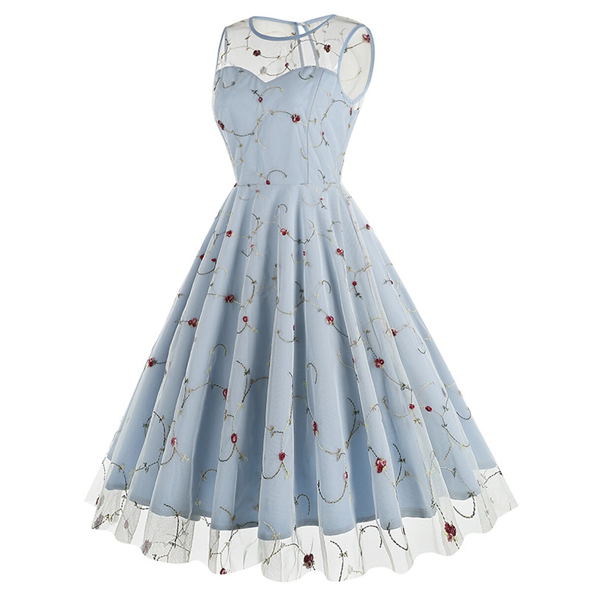 Embroidered Floral Tulle Midi Dress