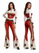 Roter Weihnachtsbody für Damen mit Stechpalmenmotiv, weißer Passe und ausgestelltem Schnitt