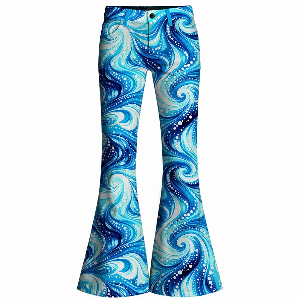 Retro 70s Swirling Waves High Waist Wide Flared Trousers