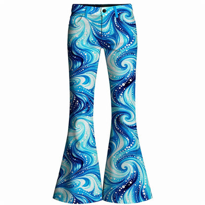 Retro 70s Swirling Waves High Waist Wide Flared Trousers