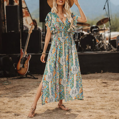 Retro 70s Bohemian Paisley Empire Waist Maxi Dress