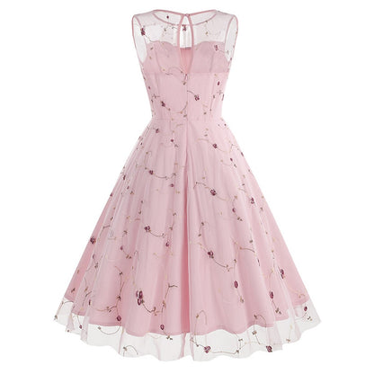 Embroidered Floral Tulle Midi Dress