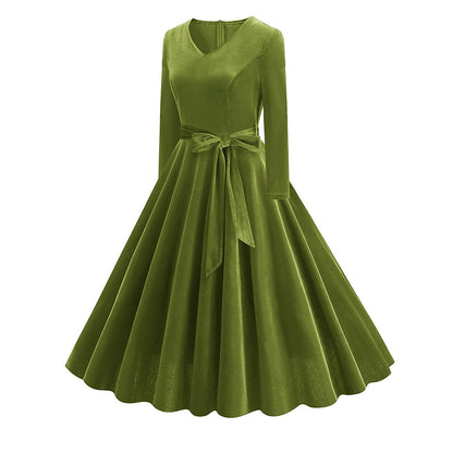 Women's 1950s Velvet V-Neck Long Sleeve Swing Dress